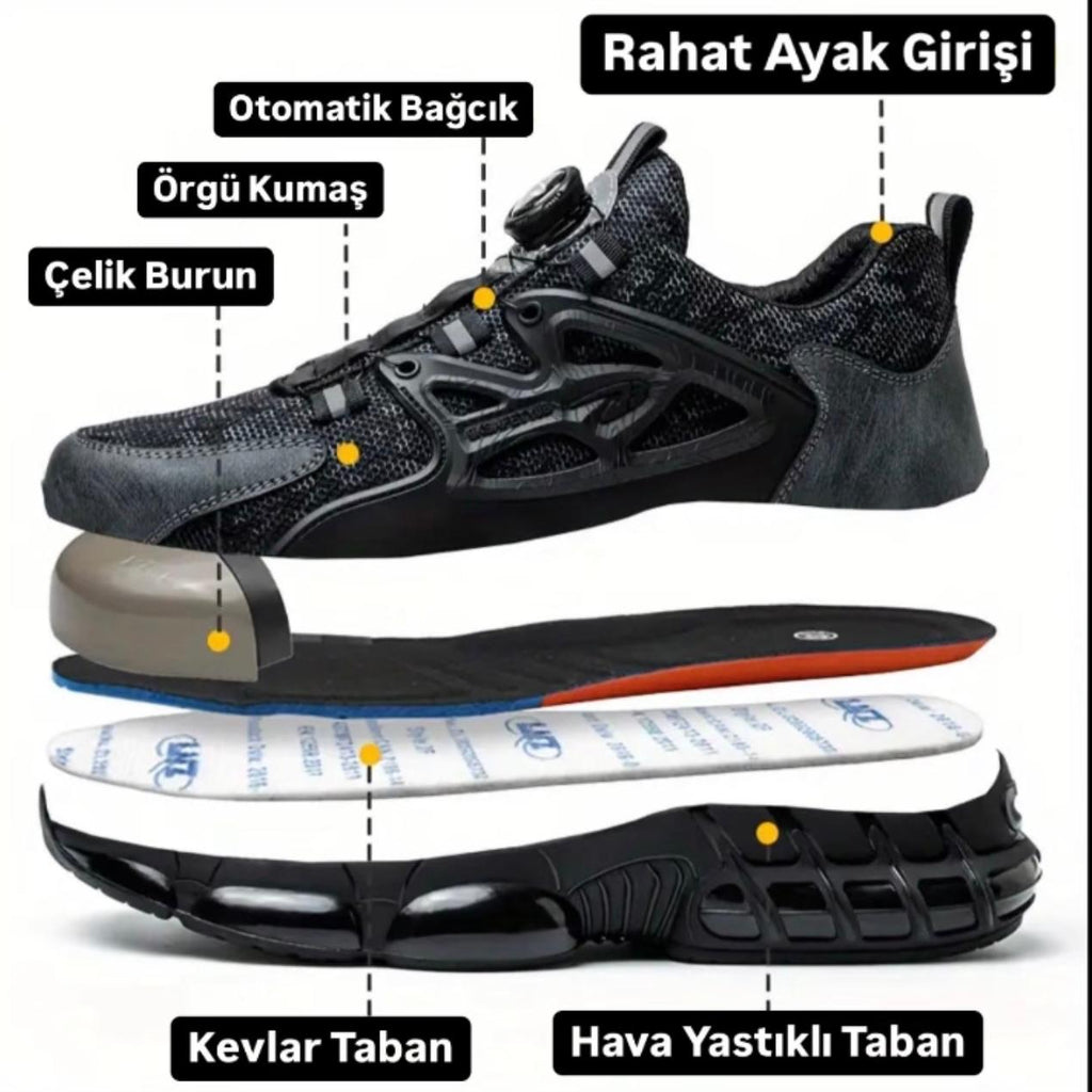 Otomatik Bağcıklı Çelik Burun Air Taban İş Güvenlik Ayakkabısı Ortopedik Delinmez iş güvenlik ayakkabısı S1P SRC çelik burun otomatik bağcık sistemi | 9ksafetytr.com